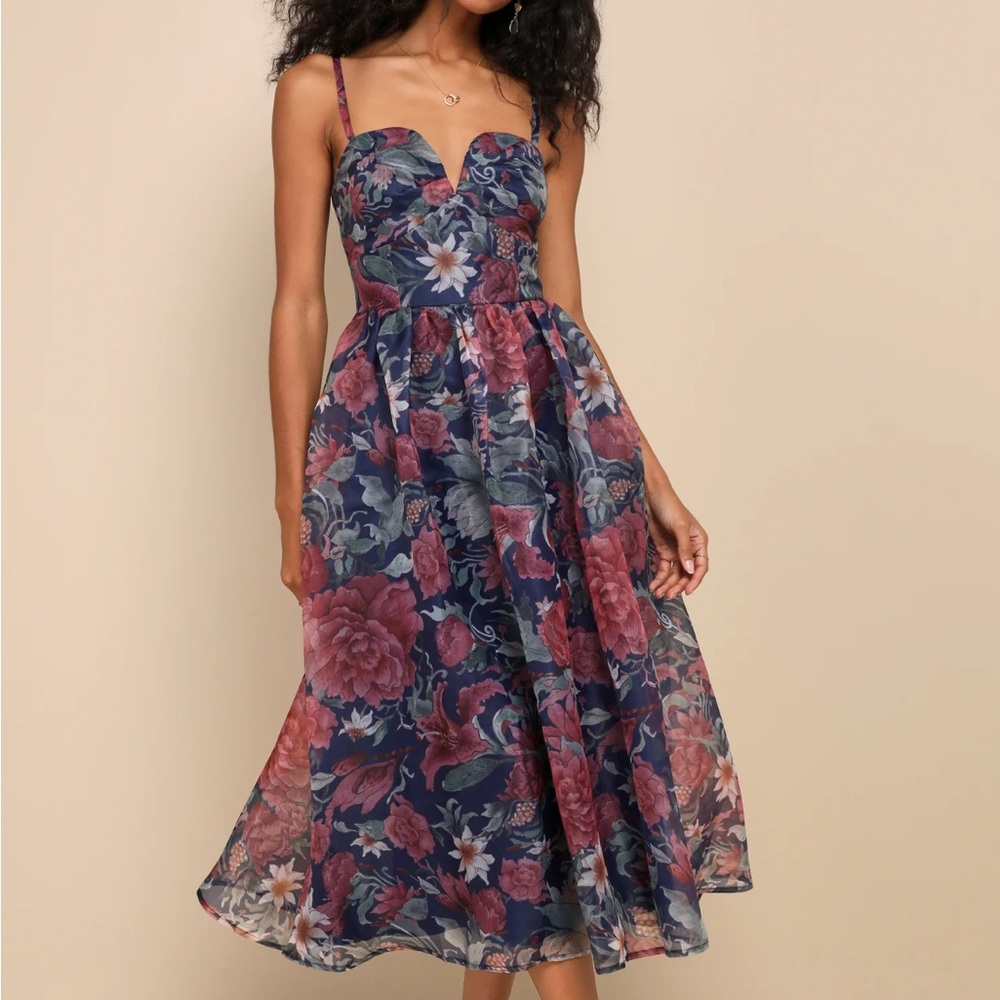Lulus Navy and Pink Floral Midi Dress